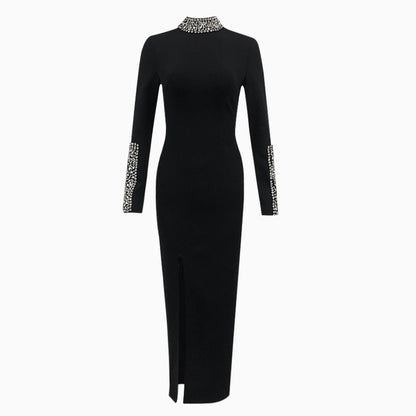 Long Sleeve Crystal Detail Midi Dress Black HV1687