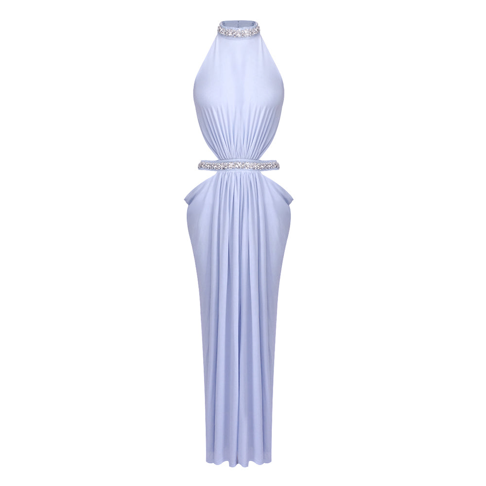 Halter Crystal Draped Backless Maxi Dress HV0122