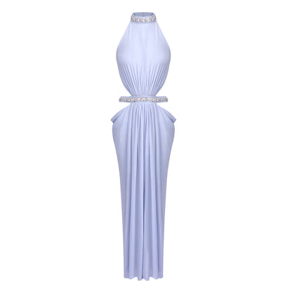 Halter Crystal Draped Backless Maxi Dress HV0122