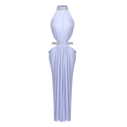 Halter Crystal Draped Backless Maxi Dress HV0122