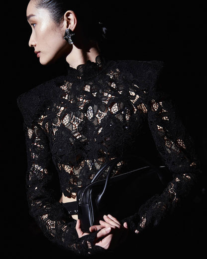 Long Sleeve Lace Midi Two Piece Dress Black HV0052