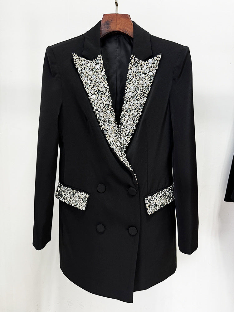 Long Sleeve Crystal Lapel Blazer Dress Black