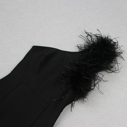 Feather One Shoulder Mermaid Maxi Dress Black HV9959