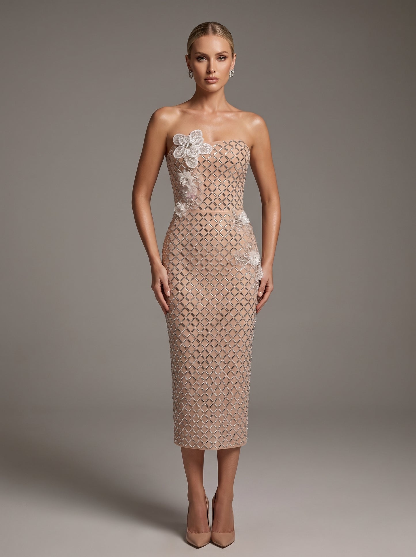 Strapless Floral Detail Embellished Midi Dress Nude HV3139