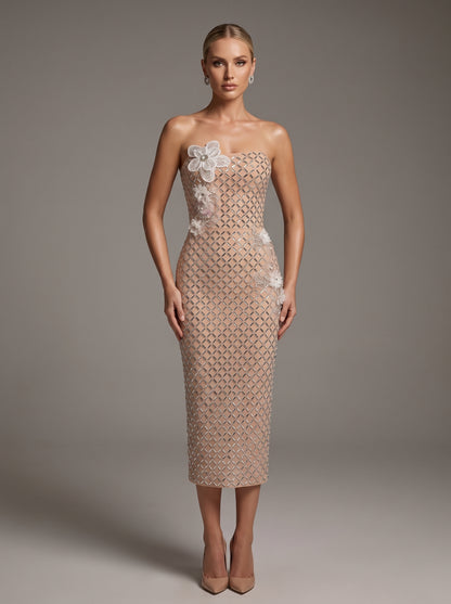 Strapless Floral Detail Embellished Midi Dress Nude HV3139