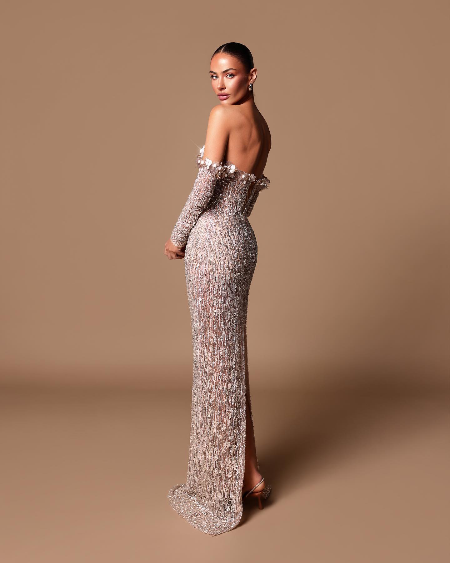 Long Sleeve Bardot Maxi Dress Nude HV2134