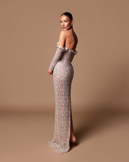 Long Sleeve Bardot Maxi Dress Nude HV2134