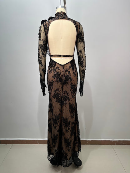 Long Sleeve Lace Backless Maxi Dress Black Nude HV2903