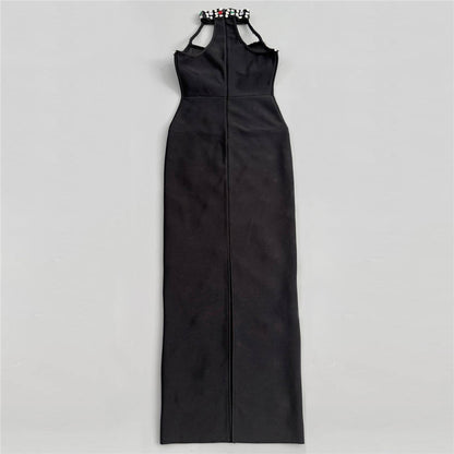 Halter Crystal Structured Bustier Maxi Dress Black HV3092