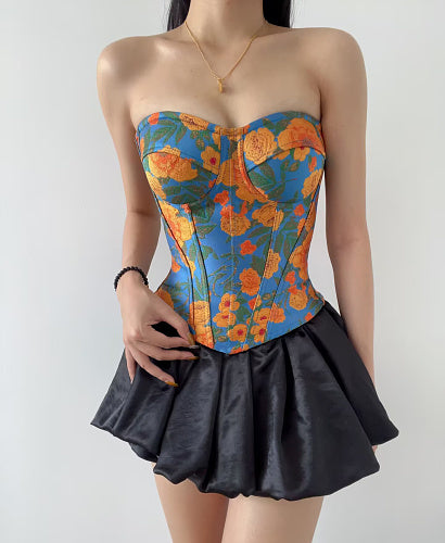 Floral Structured Bustier Top Blue Orange HV3039