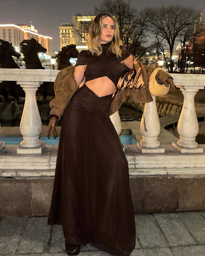 Draped Mesh Cut Out A Line Maxi Dress Brown HV2671