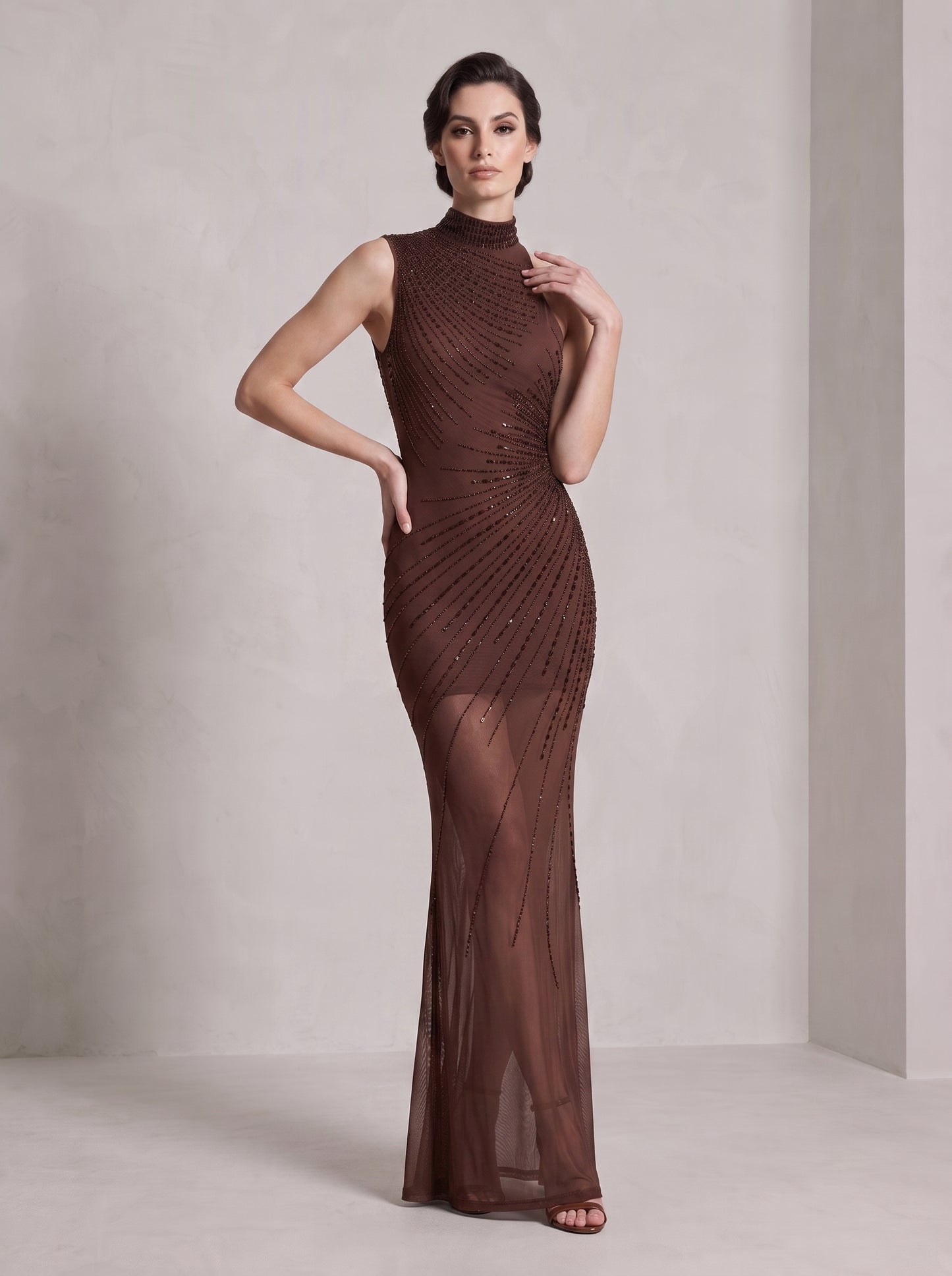 Asymmetric Embellished Maxi Dress Brown HV3200