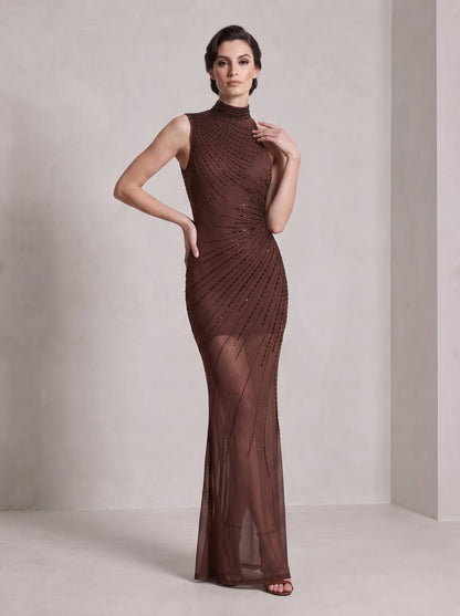 Asymmetric Embellished Maxi Dress Brown HV3200