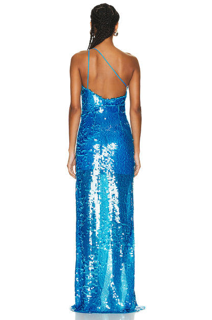 One Shoulder Cut Out Maxi Sequin Dress Blue HV9783