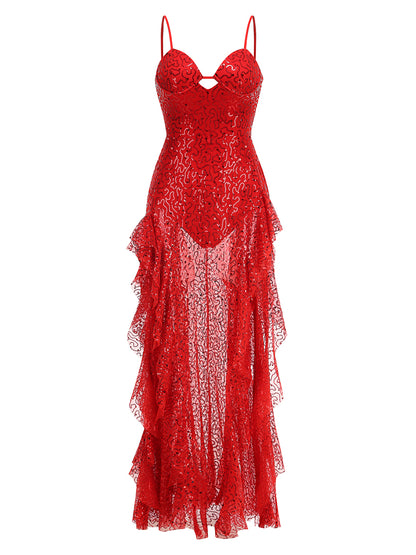 Bustier Sequin Ruffle Maxi Dress Red