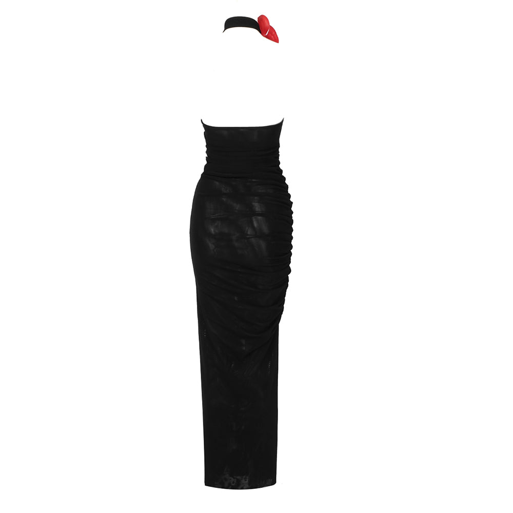 Halter Laceleaf Ruched Maxi Dress Black HV9327