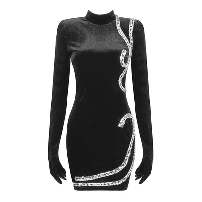 Crystal Filigree Velvet Dress Black HV1538