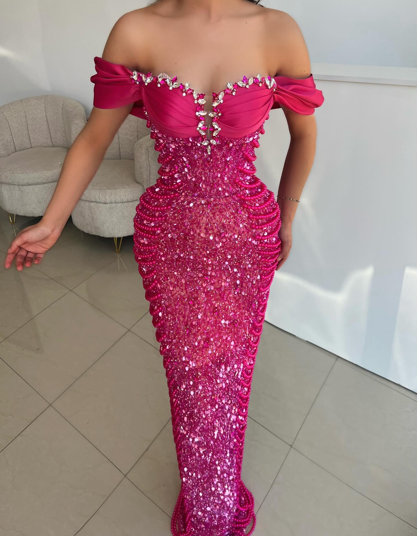 Bardot Crystal Bustier Sequin Maxi Dress Hot Pink HV2296