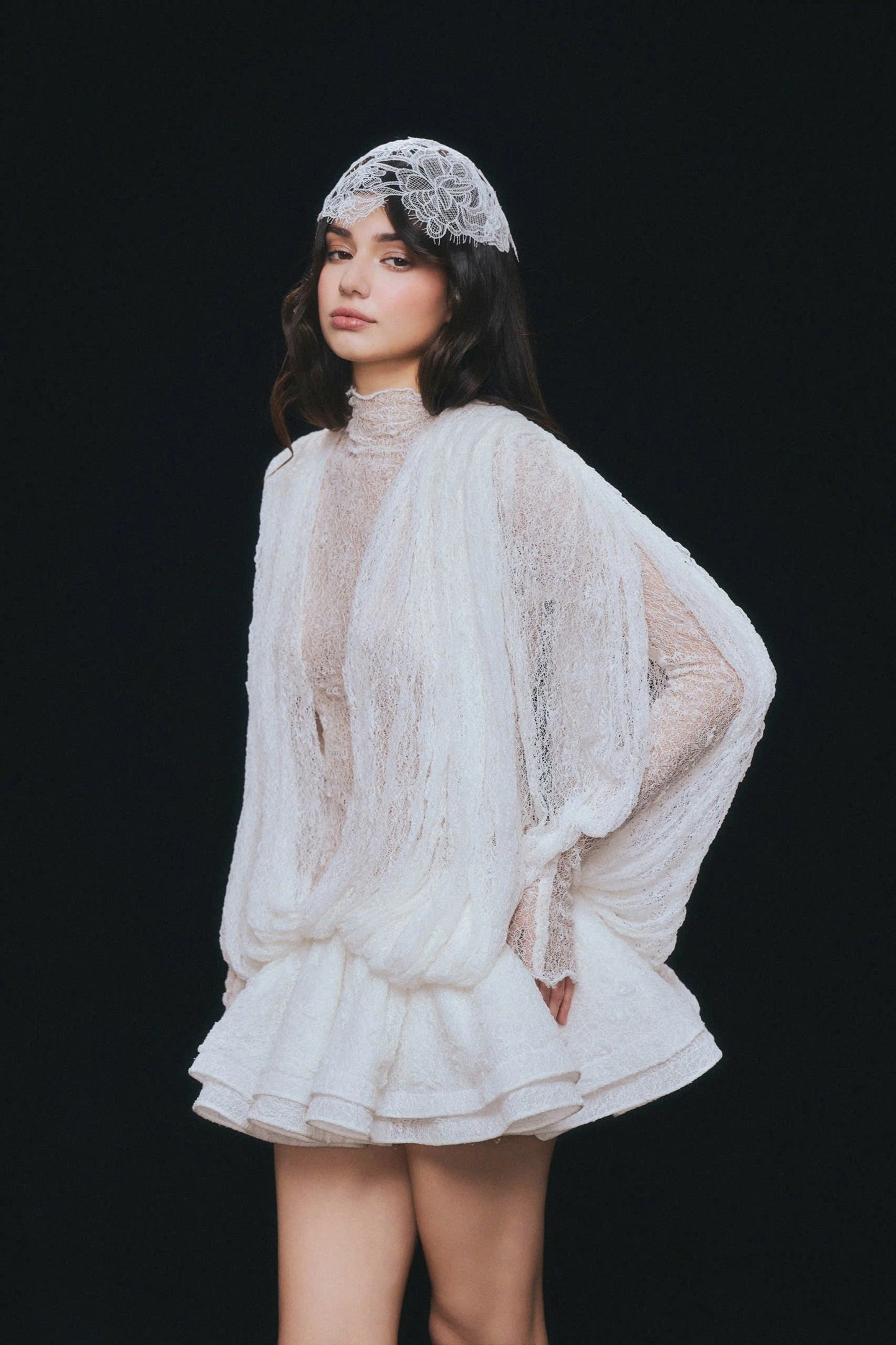 Long Sleeve Draped Lace Ruffle Dress White HV3119