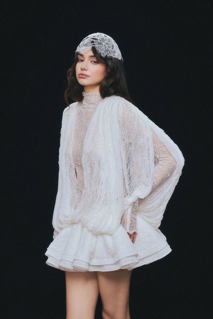 Long Sleeve Draped Lace Ruffle Dress White HV3119