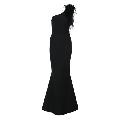 Feather One Shoulder Mermaid Maxi Dress Black HV9959