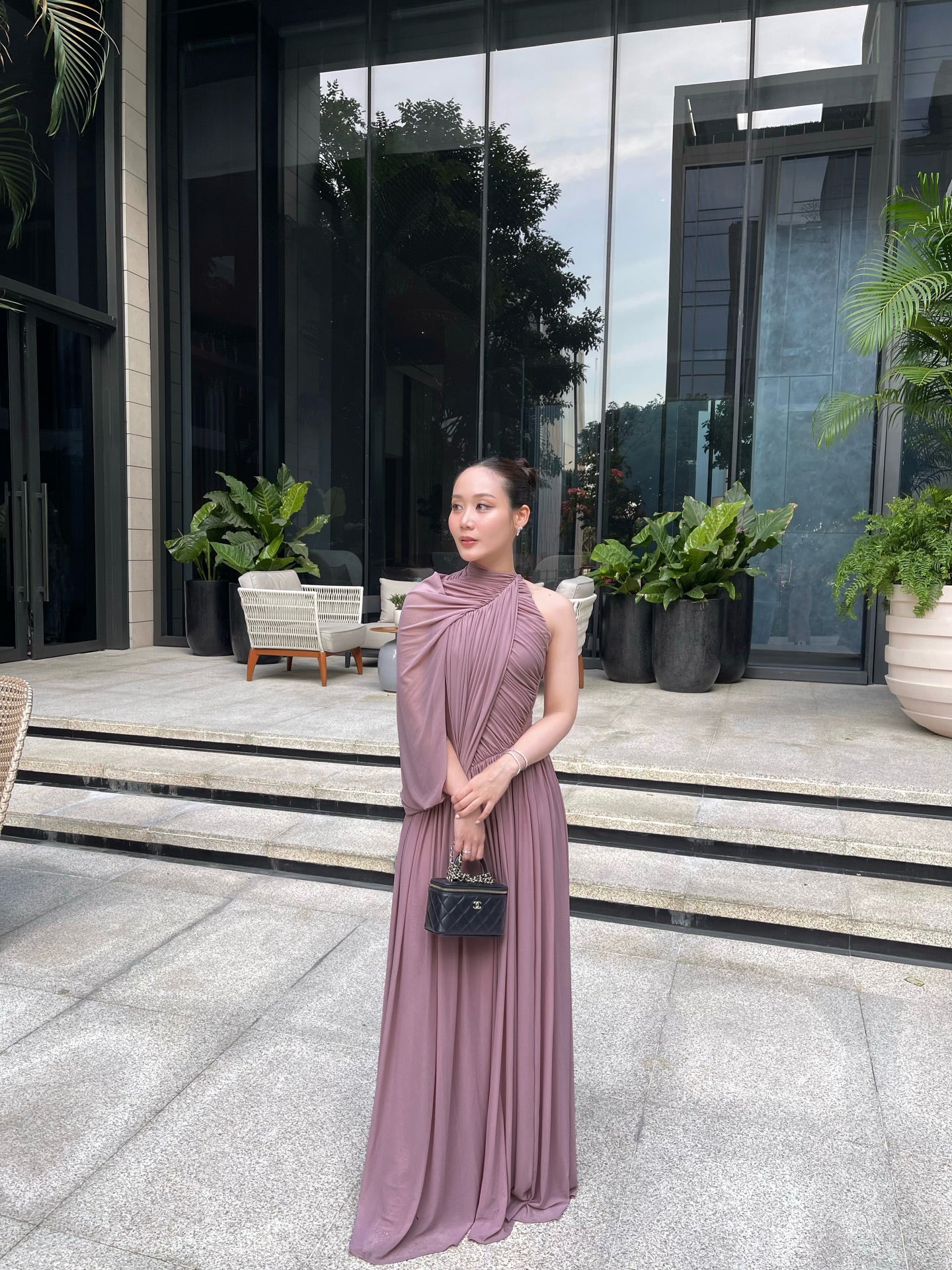 One Sleeve Draped Maxi Dress Dusty Pink HV2683