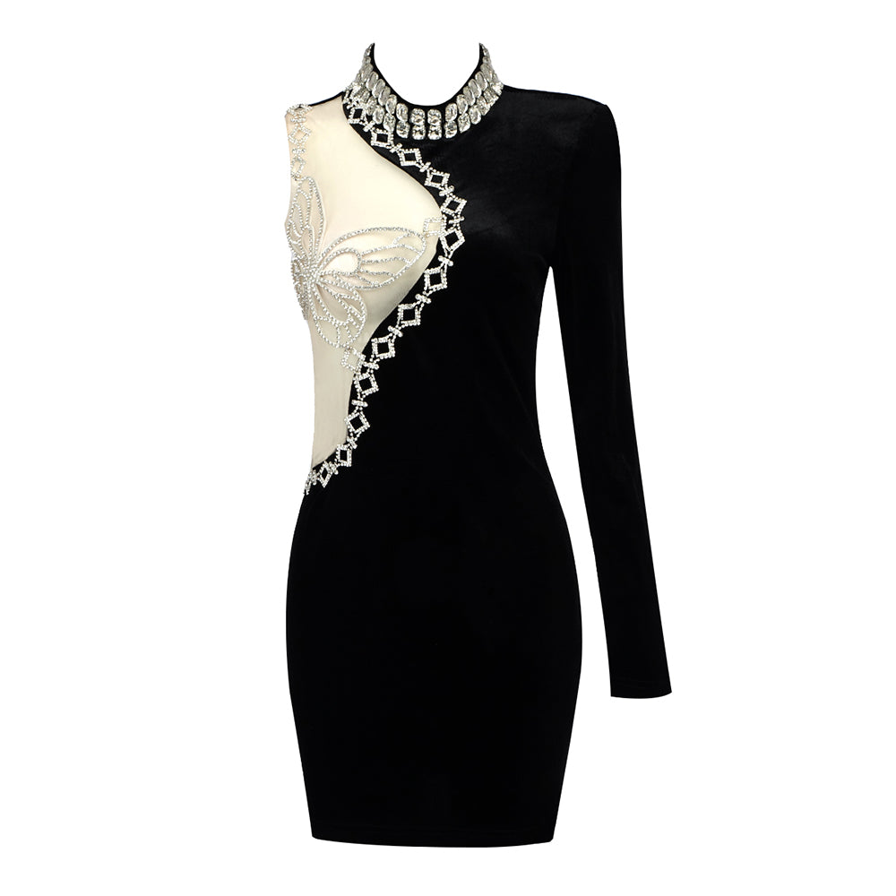 One Sleeve Embellished Velvet Dress Black HV9634