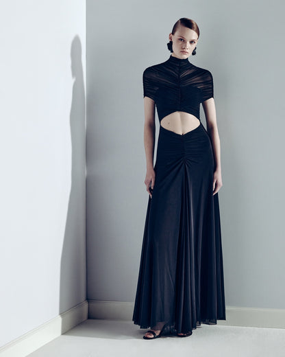Draped Mesh Cut Out A Line Maxi Dress Brown HV2671