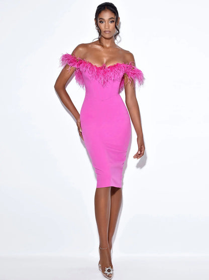 Feather Off Shoulder Midi Dress Hot Pink HV9035