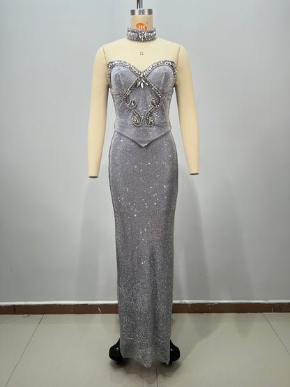 Strapless Crystal Choker Maxi Dress Silver HV2950