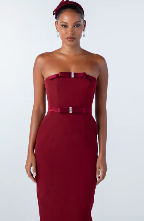 Strapless Bow Detail Midi Dress Red