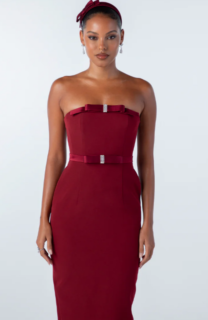 Strapless Bow Detail Midi Dress Red