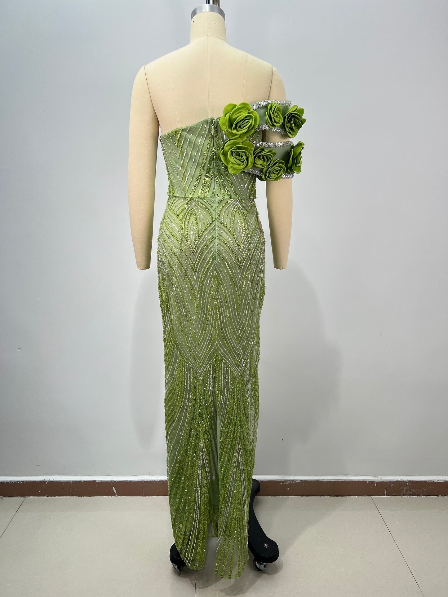 Floral Bardot Sequin Maxi Dress Green HV2400