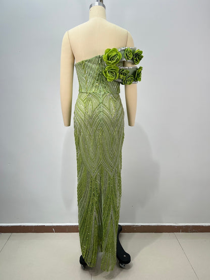 Floral Bardot Sequin Maxi Dress Green HV2400