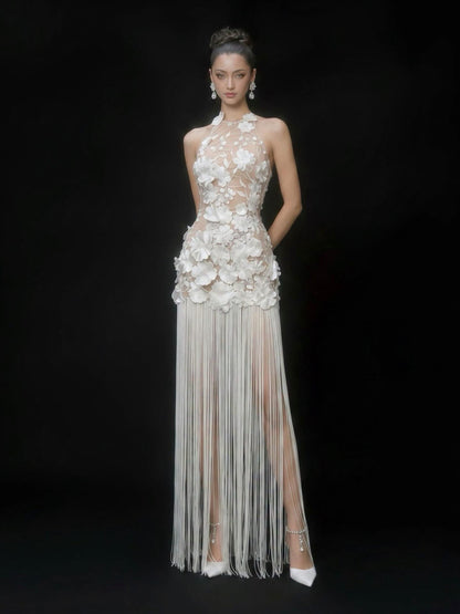 Halter Floral Tassel Maxi Dress White HV3127