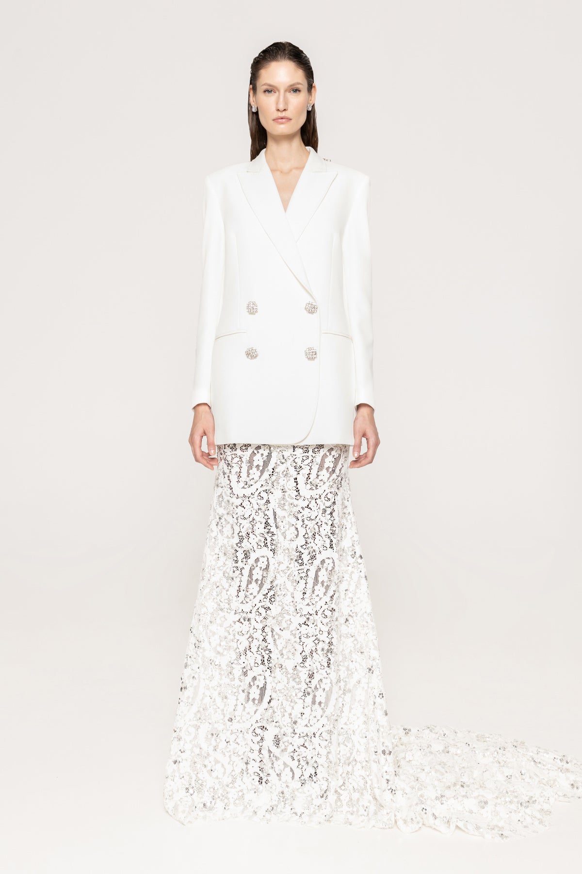 Long Sleeve Blazer Lace Maxi Two Piece Dress White HV2208