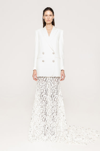 Long Sleeve Blazer Lace Maxi Two Piece Dress White HV2208
