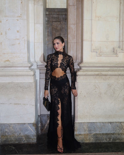 Long Sleeve Cut Out Lace Maxi Dress Black HV2038
