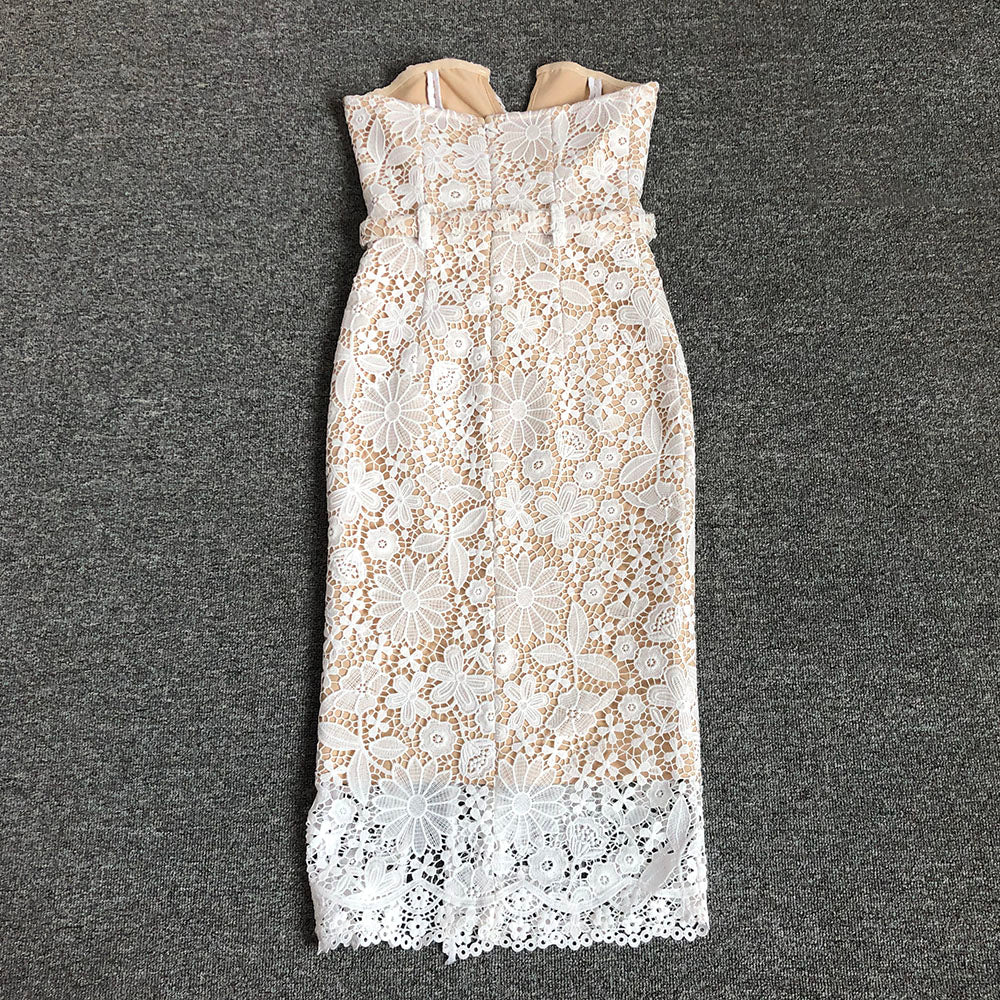 Strapless Floral Crochet Midi Dress White HV1778