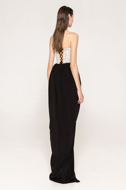 Strapless Crystal Lace Corset Maxi Dress Black White HV0039