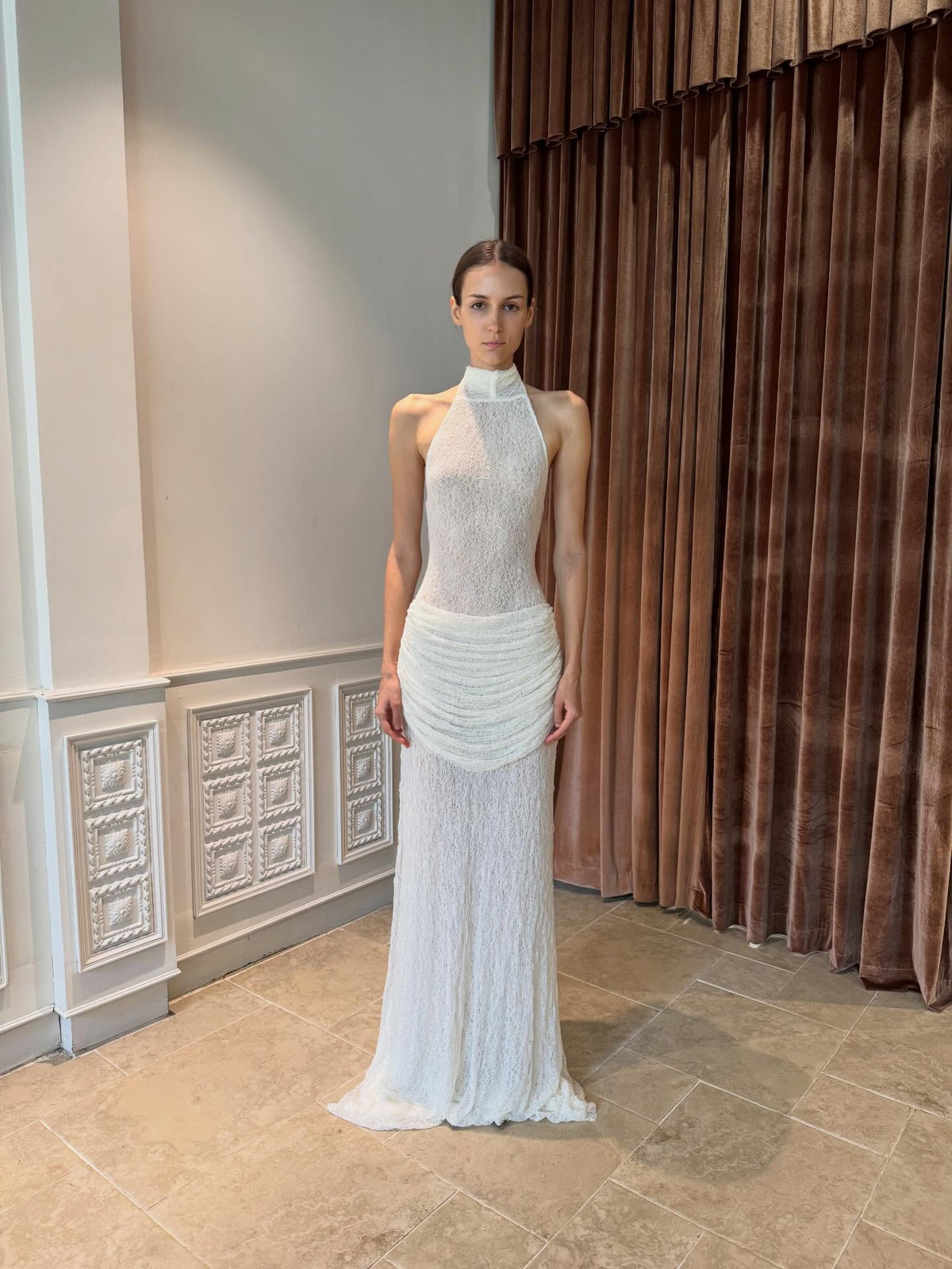 Halter Draped Lace Maxi Dress White HV0167