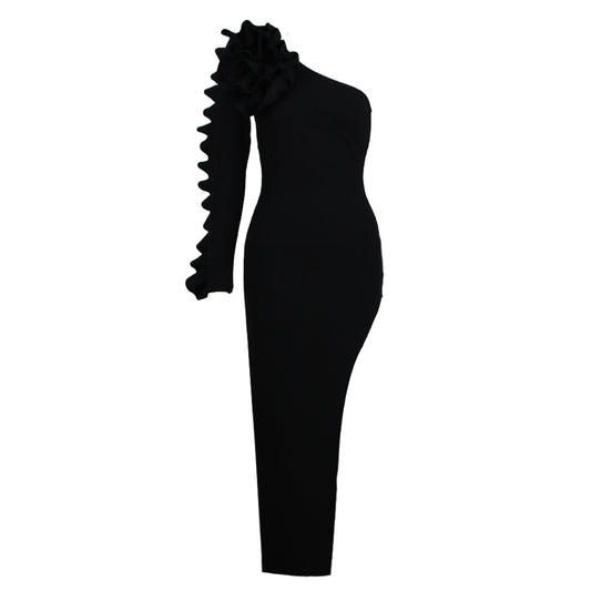 One Sleeve Ruffle Ribbed Midi Dress Black HD9288