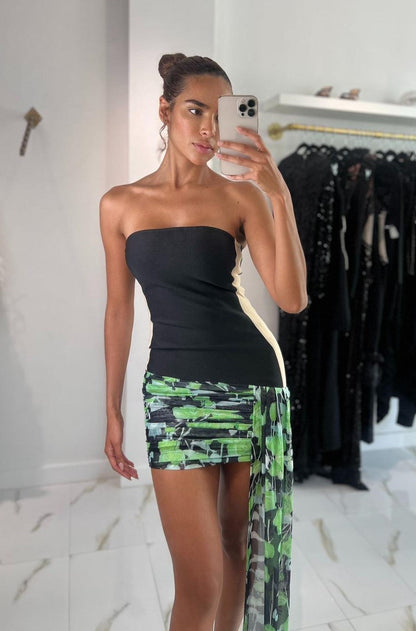 Strapless Floral Dress Black Green HV1557