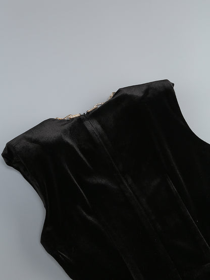 Crystal Chain Maxi Velvet Dress Black