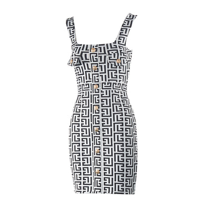 Geometric Print Dress Black White