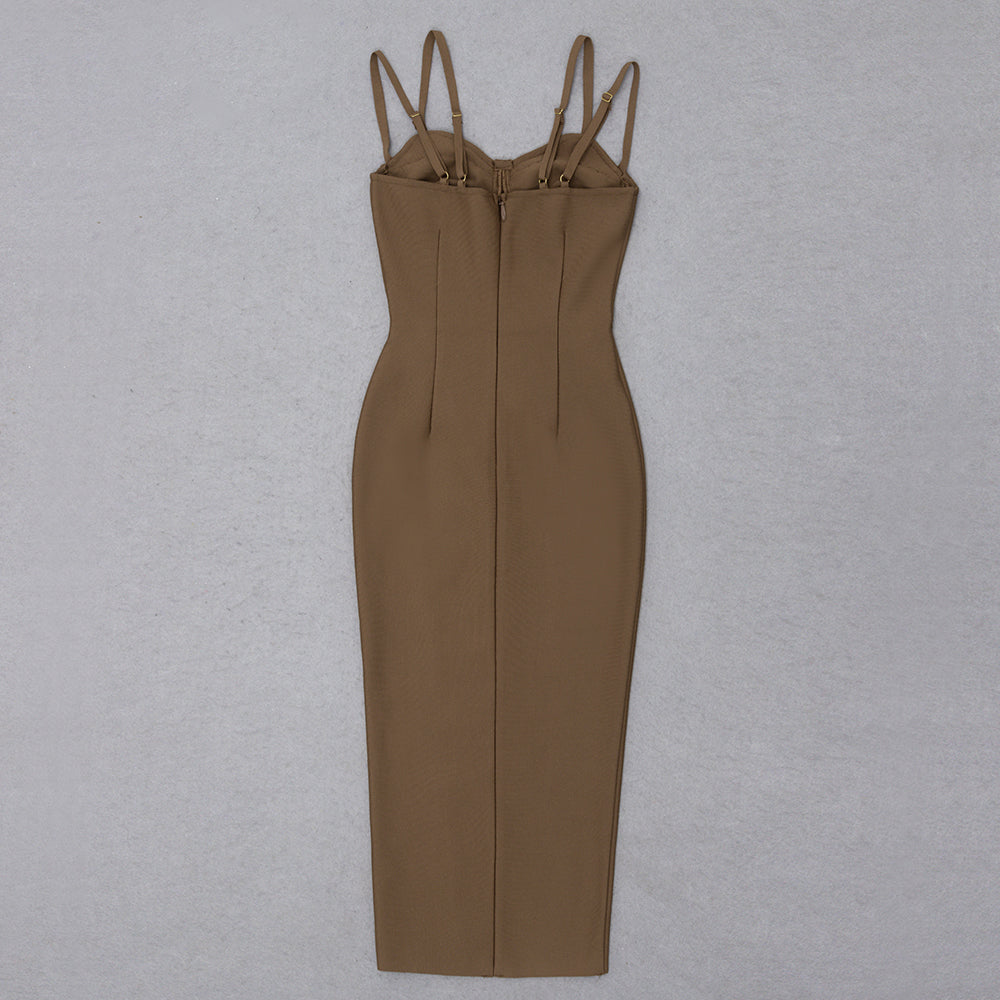 Crystal Draped Bustier Midi Dress Brown HV9797