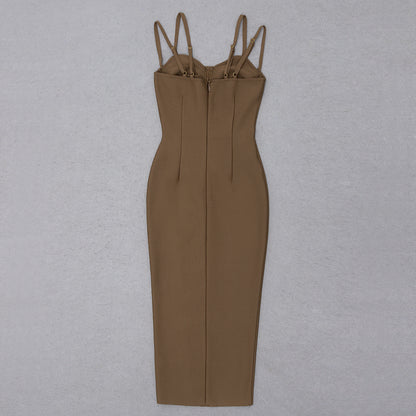 Crystal Draped Bustier Midi Dress Brown HV9797