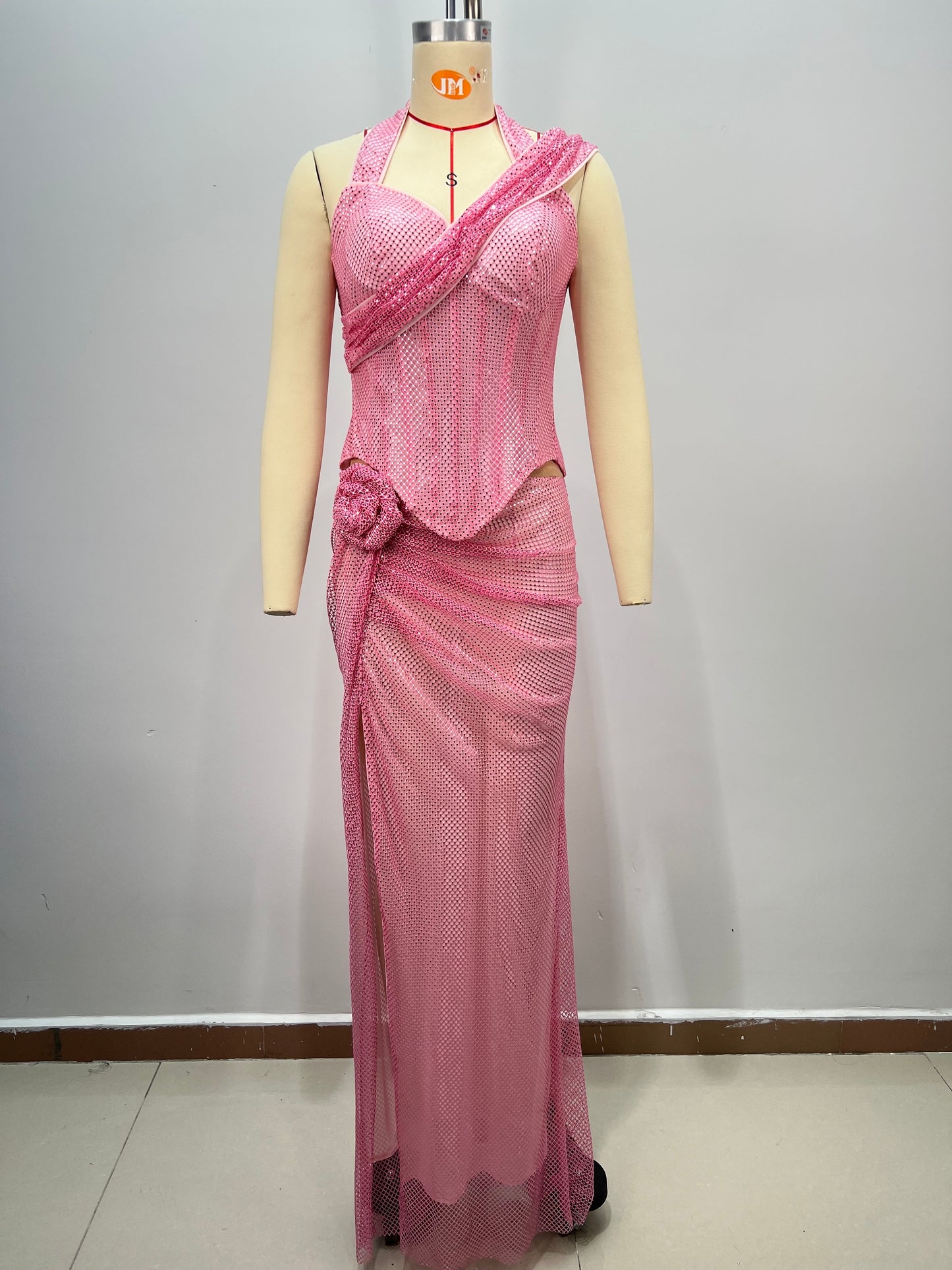 Halter Sparkly Two Piece Maxi Dress Pink HV2714