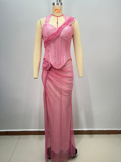 Halter Sparkly Two Piece Maxi Dress Pink HV2714
