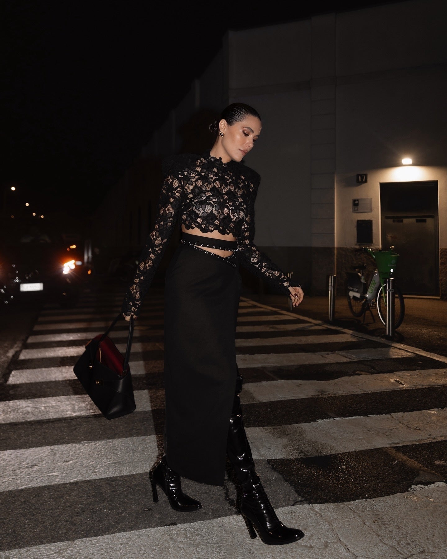 Long Sleeve Lace Midi Two Piece Dress Black HV0052